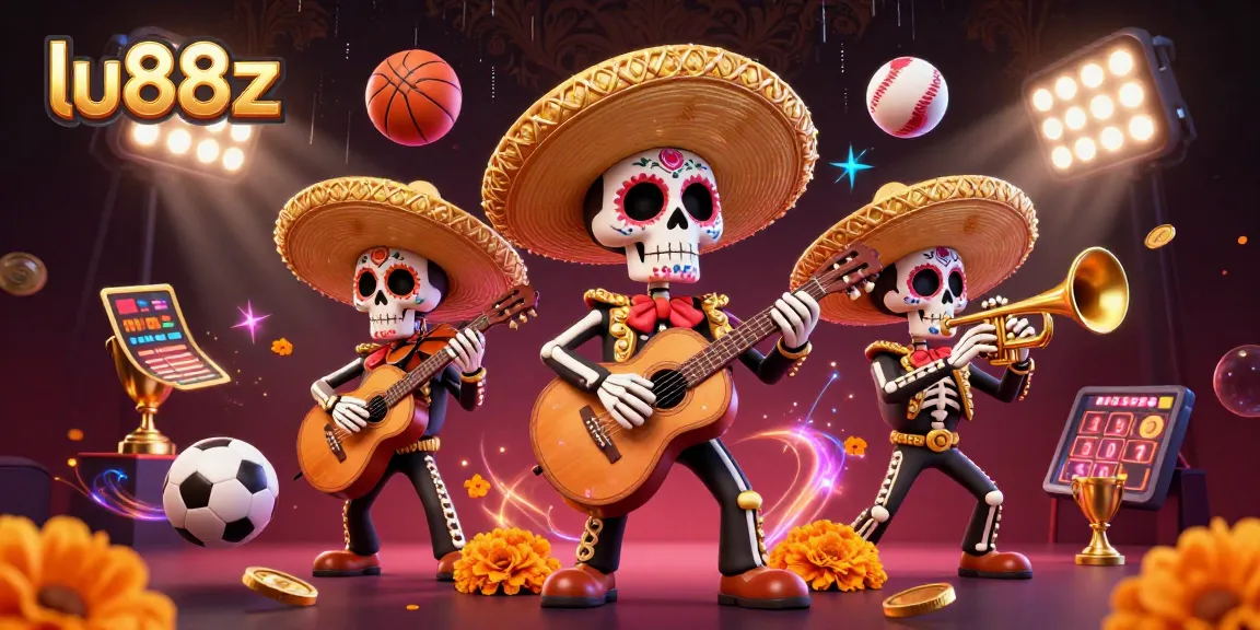 lu88z showcases vibrant 3D cartoon skeleton mariachi band amidst dynamic sports symbols