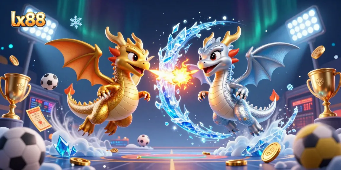 Engage in exciting gaming with lx88, featuring dragon duo and sports elements in a vibrant 3D illustration.