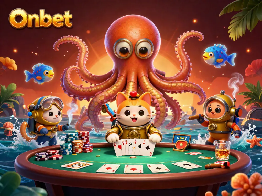 Engage with Onbet's thrilling poker scene, showcasing unique characters and vibrant casino elements.