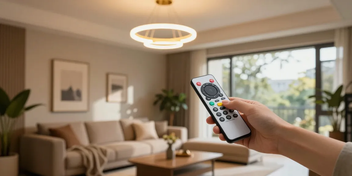 Lustra cu telecomanda în living modern, ajustată de o persoană pentru atmosferă caldă.