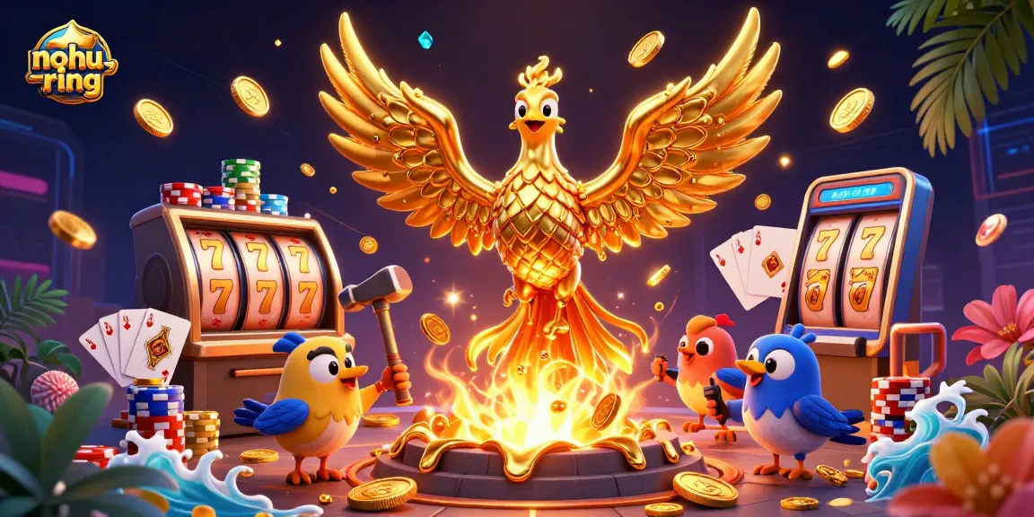 Spin the nohu-ring slot machine for cascading golden rewards and jackpots in this vibrant casino scene.