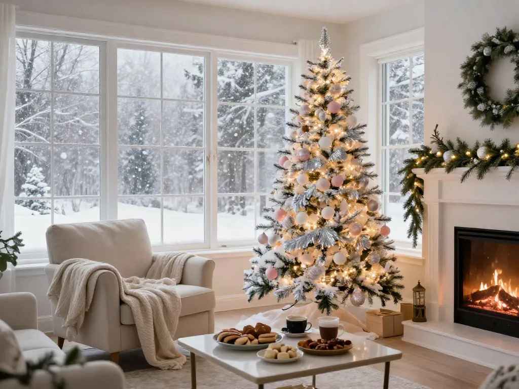 Beautiful living room with a christmas tree with white decorations, cozy holiday ambiance.