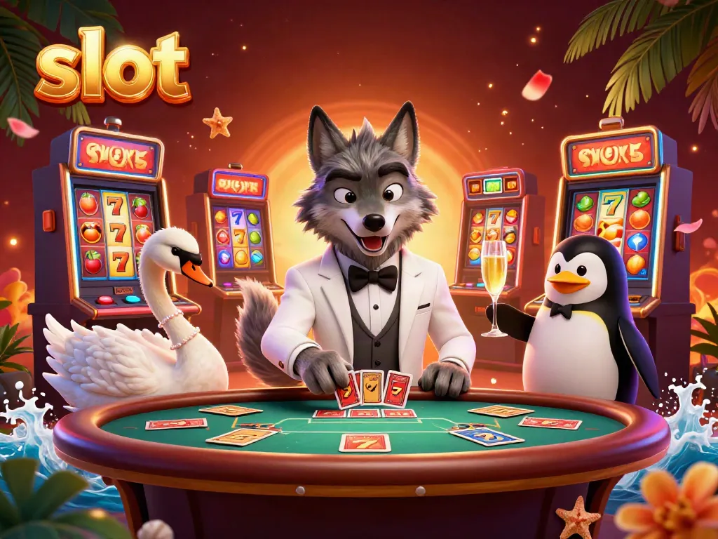 Slot meraih kemenangan dengan simbol keberuntungan di mesin slot bersama karakter hewan.