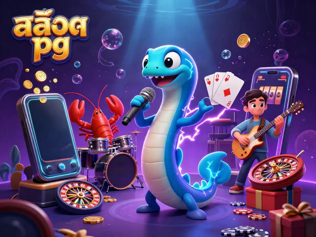 Experience the excitement of สล็อต pg with a vibrant underwater casino scene featuring an electric eel DJ.