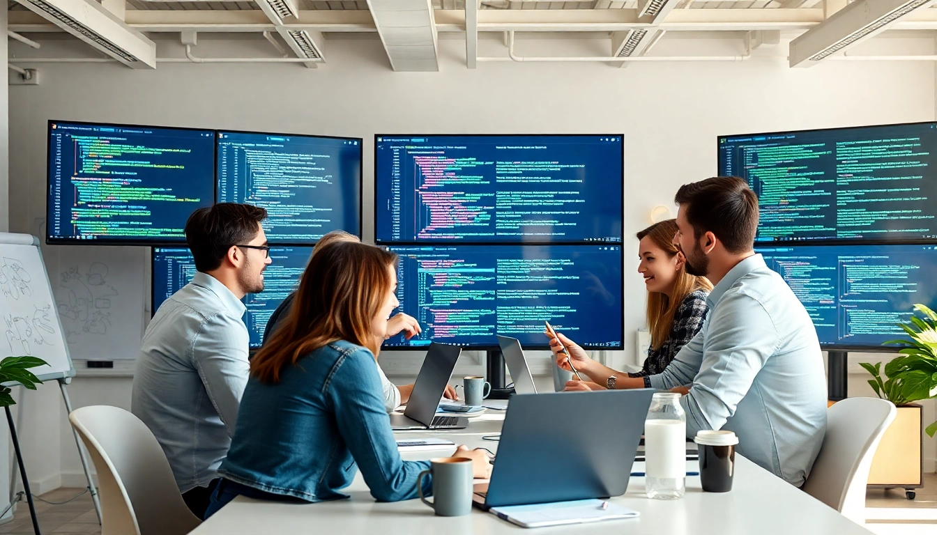 Engaging Headless Shopify development team collaborating in a modern office setting.