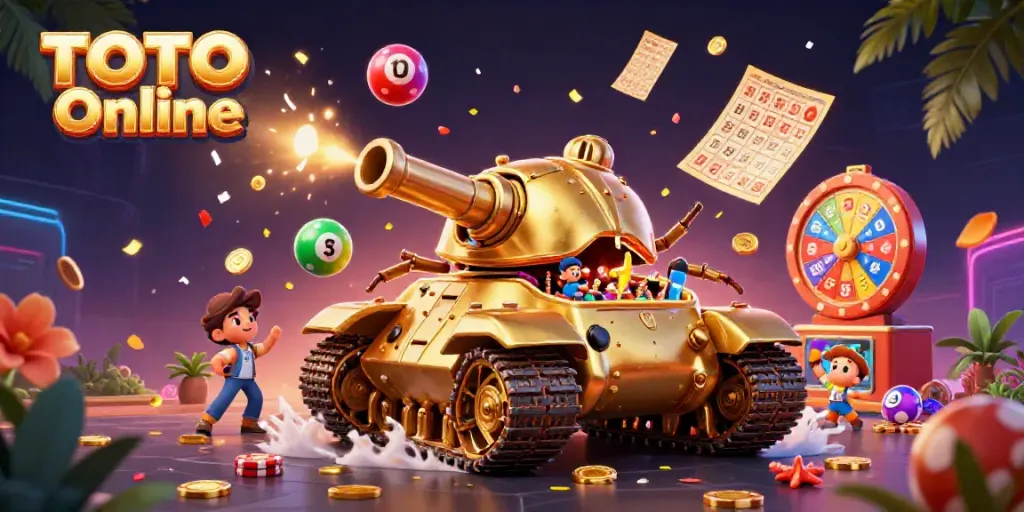 Mainkan TOTO Online dalam suasana ceria dengan elemen kasino yang penuh warna di sekitar tank keong emas.