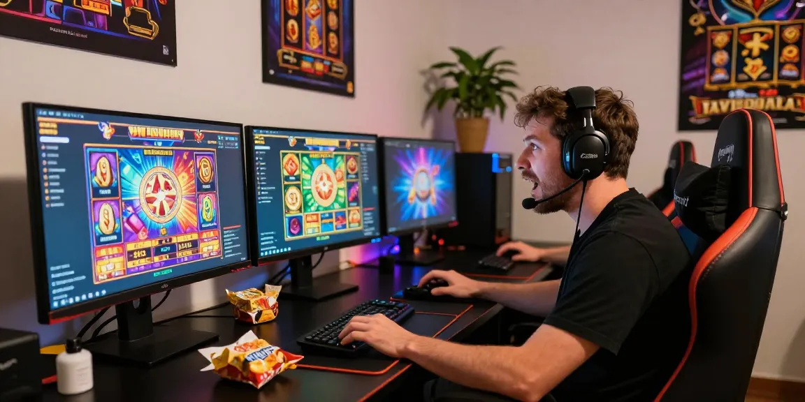 Engaging player at gaming desk experiencing slot resmi excitement in vibrant online casino.