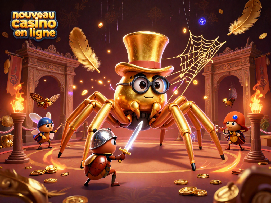 Illustration d'un nouveau casino en ligne, avec une araignée dorée et un chevalier, entourés d'éléments de jeu.
