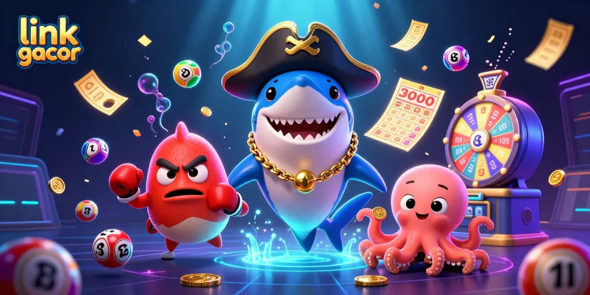 Memenangkan jackpot dengan link gacor, ikan hiu kartun lucu di kasino digital dengan maskot yang meriah.
