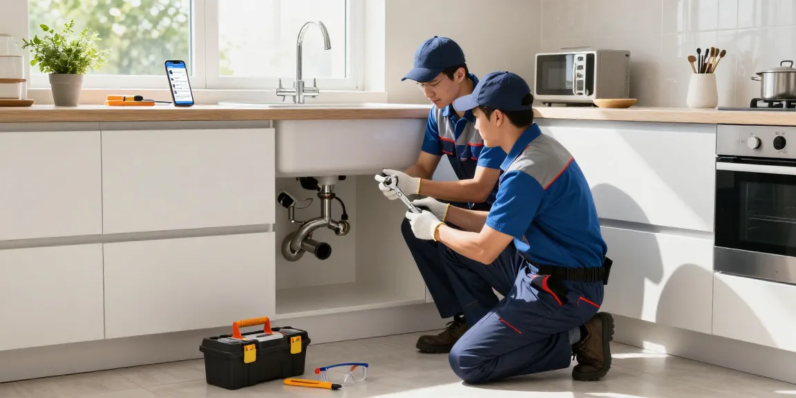 Technicians from a home service marketing agency fixing plumbing in a modern kitchen to enhance local dominance.