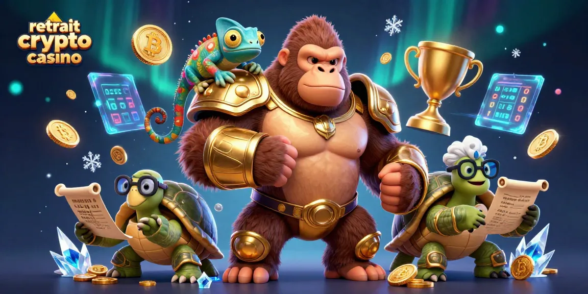 Retrait crypto casino : série d'éléments graphiques entourant un roi gorille et ses compagnons dans un décor dynamique.
