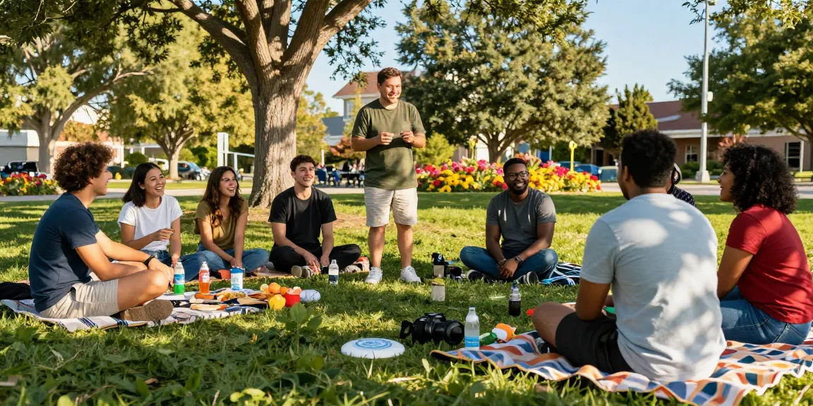 Group of singles enjoying casual dating connections in a sunny park setting.