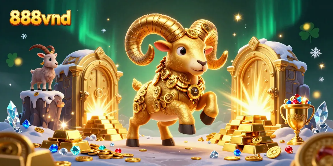 Experience thrilling wins at 888vnd with the dynamic golden ram charging through a treasure-filled scene.