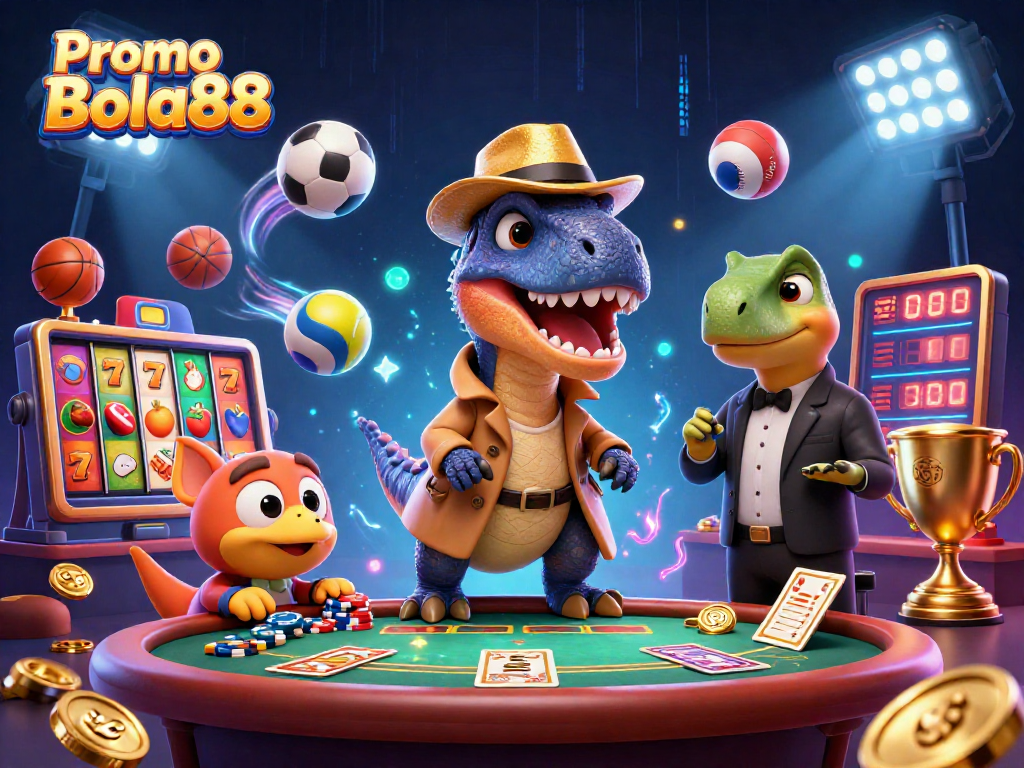 Engage with Promo Bola88 at a lively casino scene featuring playful characters and slot machine excitement.