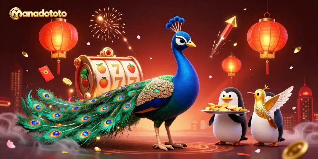 Experience the excitement of manadototo with vibrant slot reels and lively characters in a rich casino scene.