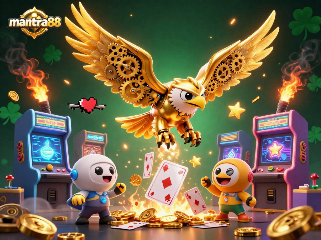 Engage with the mantra88 gaming experience featuring a cybernetic eagle amidst holographic cards and casino elements.