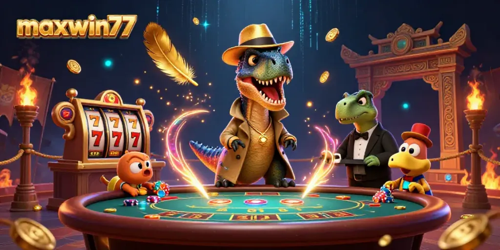 Experience maxwin77 excitement with a velociraptor card counter at a packed casino table.
