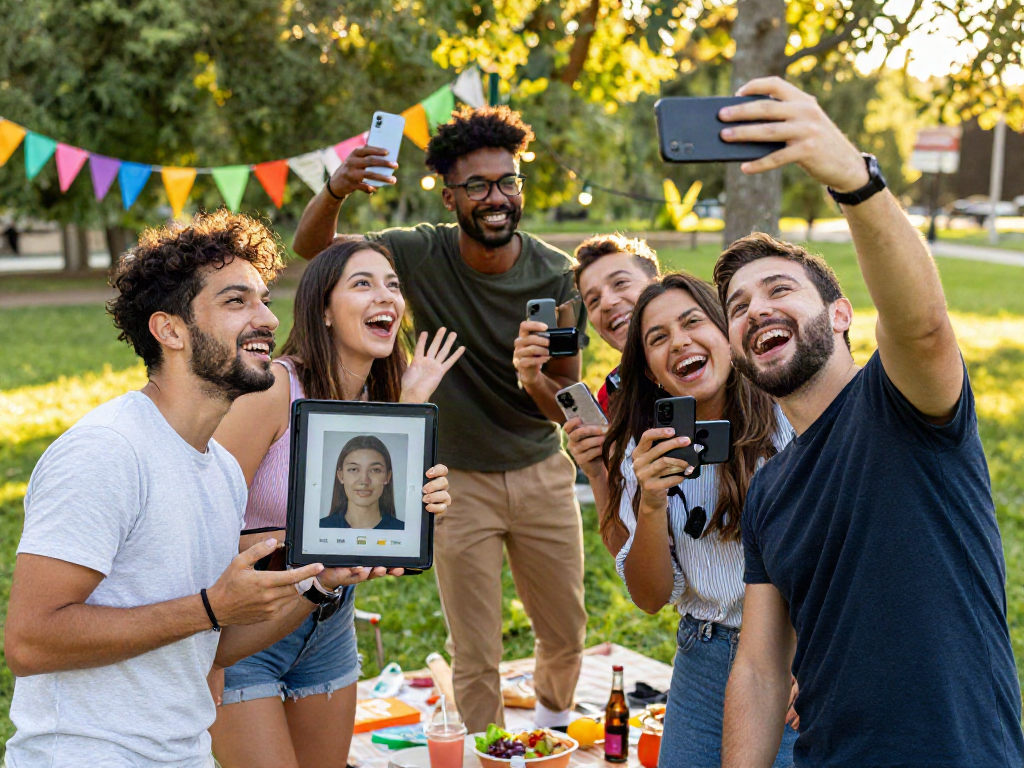 Friends enjoying a social gathering while using how old do I look AI app on a tablet outdoors, capturing joyful moments.