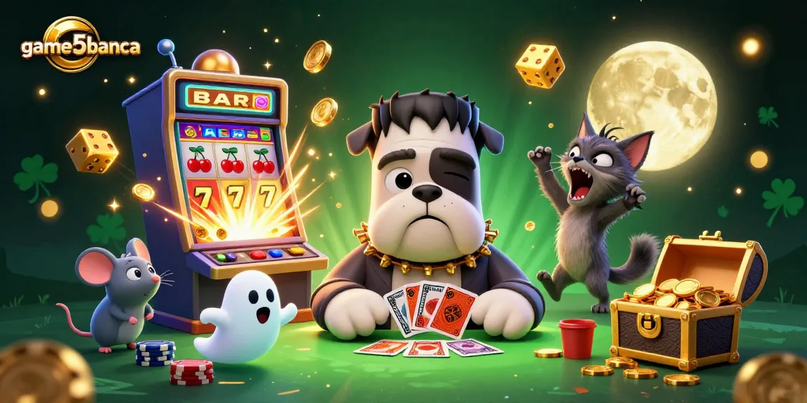 Win big with game5banca at a thrilling casino scene featuring Frankenstein bulldog, ghost mouse, and werewolf kitten.