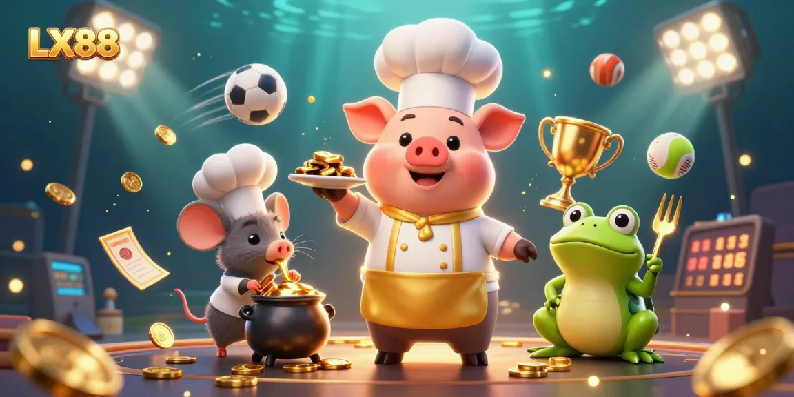 Engaging LX88 casino scene with a chef pig and vibrant gold coins highlighting dynamic betting elements.