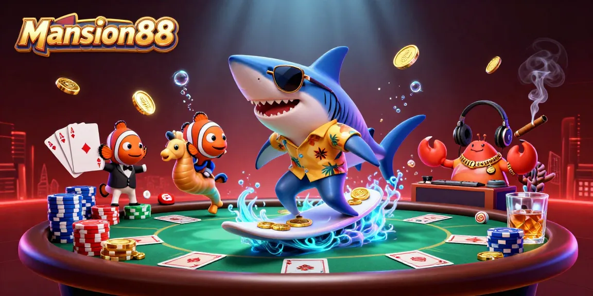 Mansion88 showcases an exciting scene with a cartoon shark and clownfish amidst colorful poker elements in a dynamic casino illustration.