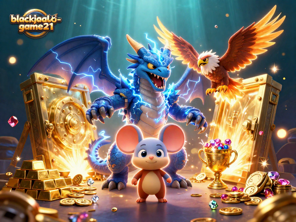 Engage in exciting action at blackjack-game21 with animated characters and rich treasures illuminating the scene.