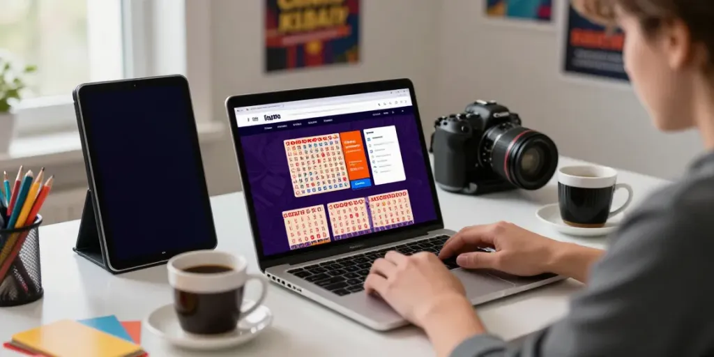 User engaging with trusted lottery website, exploring harga toto options on laptop in inviting workspace.