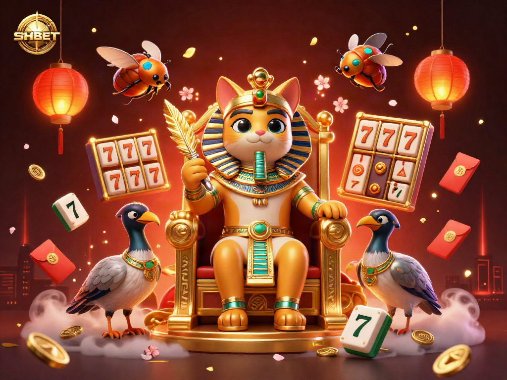 SHBET thrills with an Egyptian pharaoh cat in a vibrant casino scene filled with slots, cards, and lucky symbols.