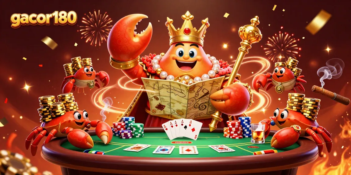 Gacor180 menghadirkan kran emas raksasa yang memegang peta harta dan scepter, dikelilingi chip poker berwarna-warni.