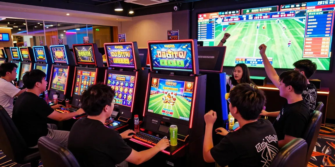 Exciting slot mpo gaming scene with diverse players in vibrant lounge.