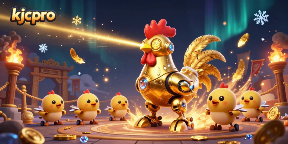 KJCPro showcases a vibrant 3D illustration with a robot rooster and drones in a dynamic casino setting.