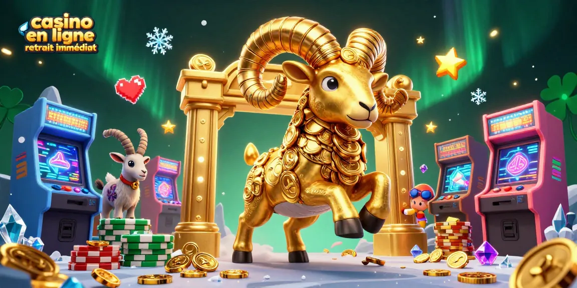 Vivez l'excitation du casino en ligne retrait immédiat avec un bélier massif doré courant vers une porte dorée, entouré de machines colorées.