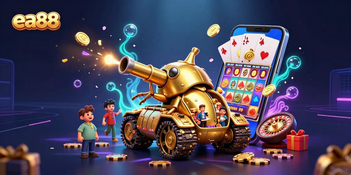 Experience ea88 with a captivating 3D casino scene featuring a golden beetle tank and vibrant gaming elements.