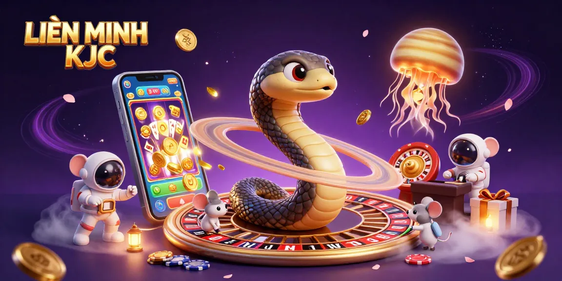 Engage with LIÊN MINH KJC in this cosmic casino scene with vibrant characters and rich game elements.