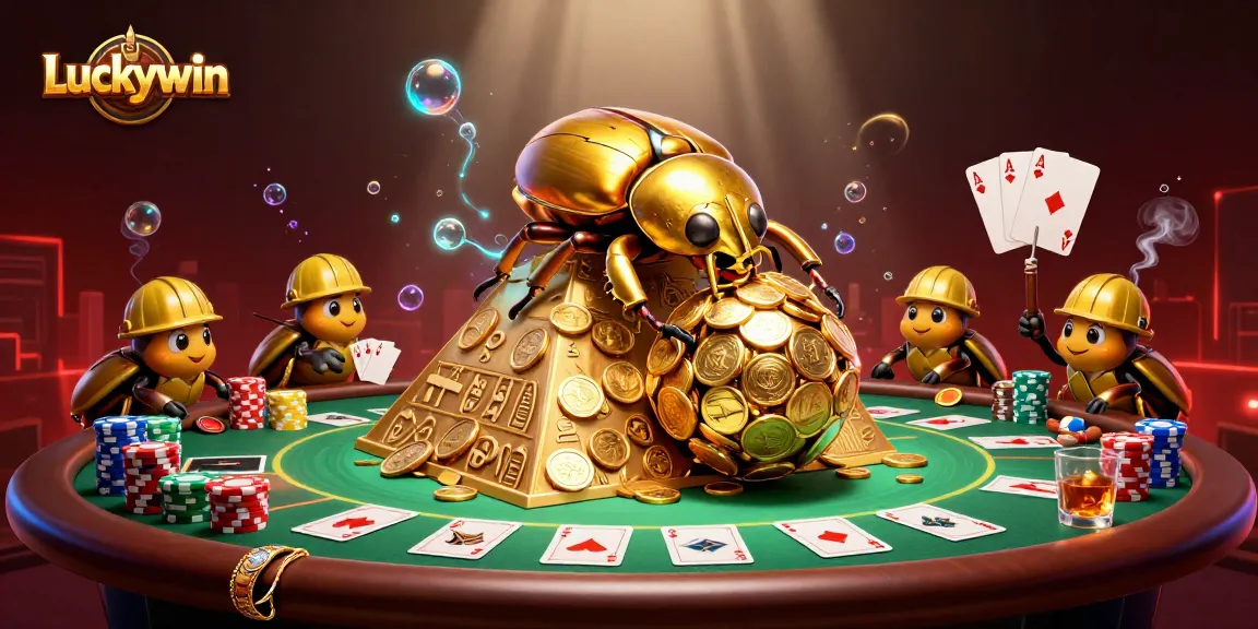 Experience the fantasy of Luckywin as cartoon beetles roll golden coins amid vibrant casino elements.