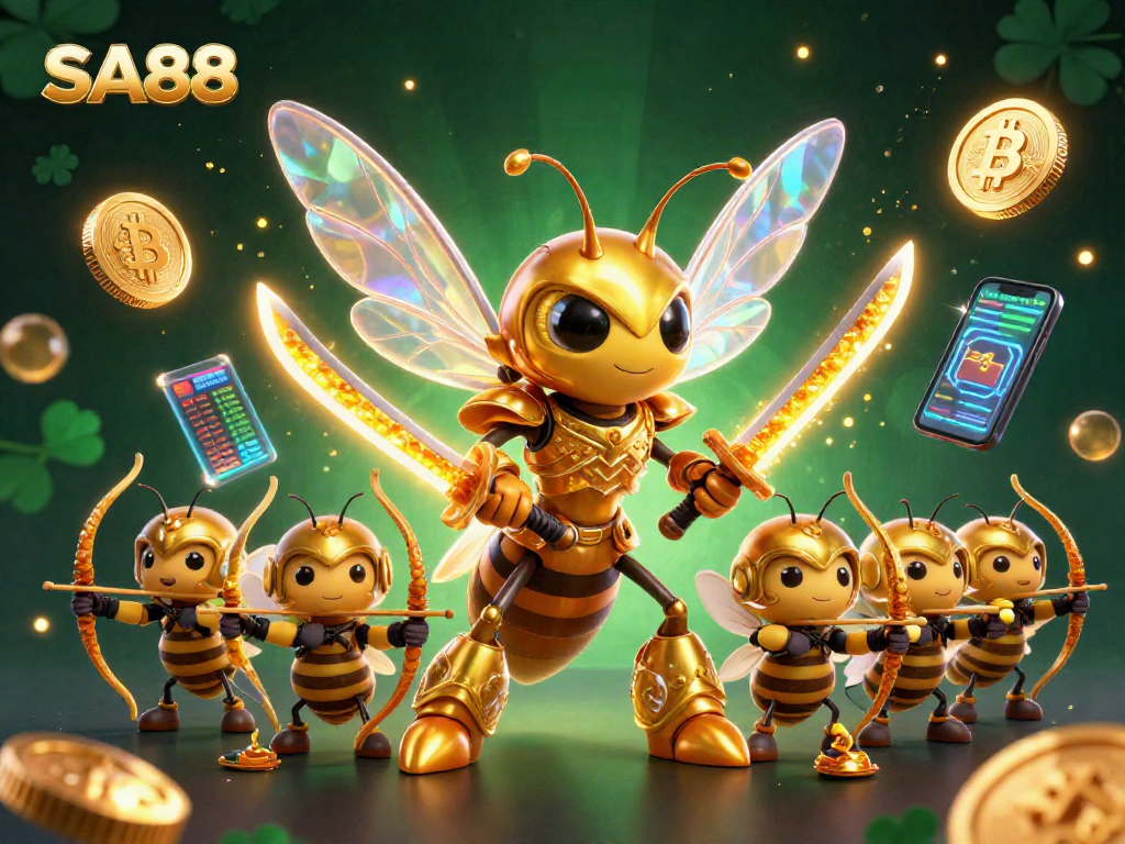 Experience thrilling gameplay at SA88 with a dynamic illustration of a golden hornet in samurai armor and crypto elements.
