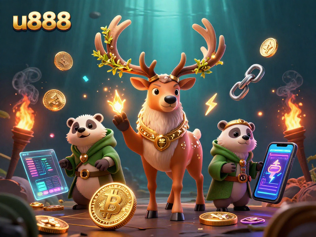 Experience vibrant gaming excitement at u888 with 3D mystical characters amidst crypto and casino gaming elements.
