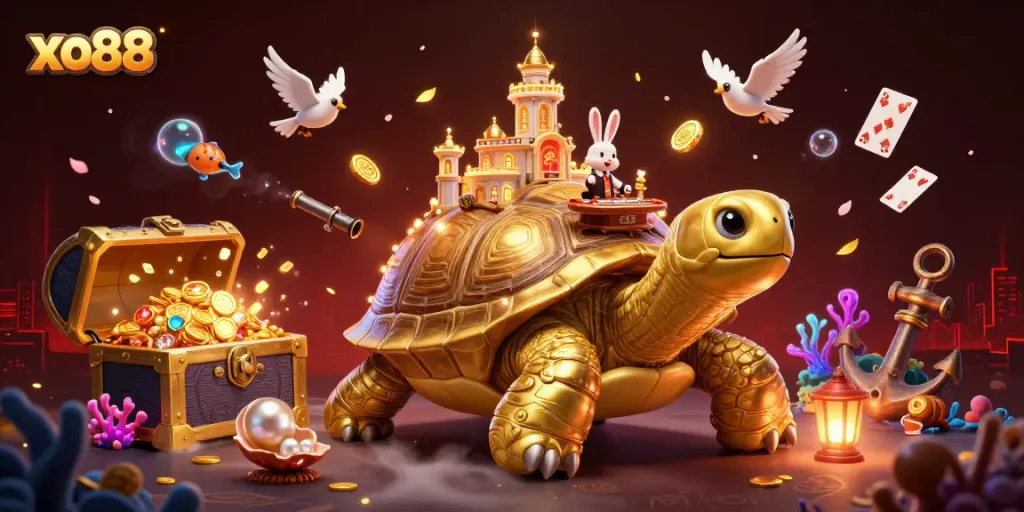 Experience the thrill of xo88 with golden coins, a tortoise casino, and vibrant game elements.