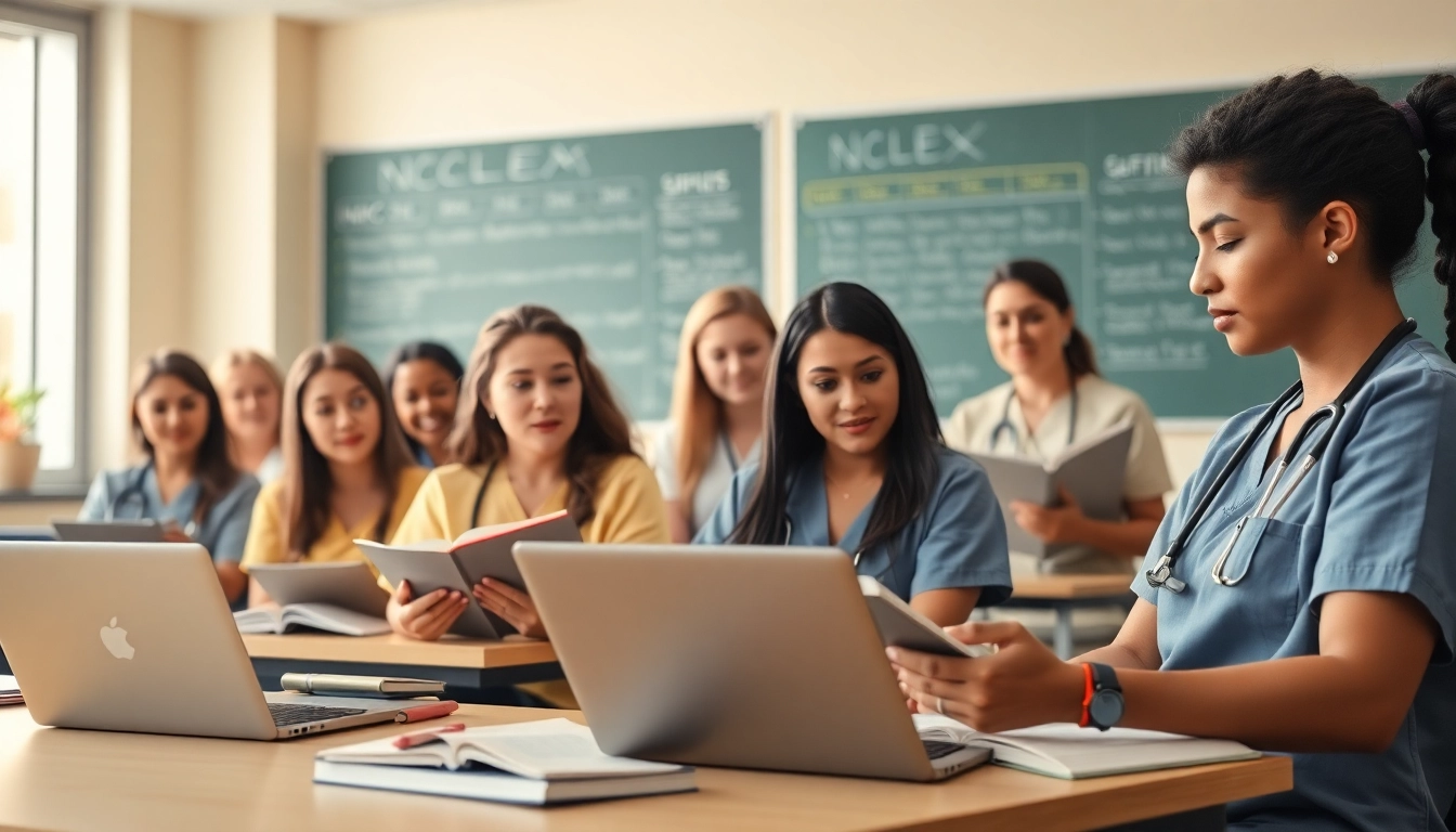 Engaged nursing students at the Houston Trusted Nclex review center studying together in a bright classroom.
