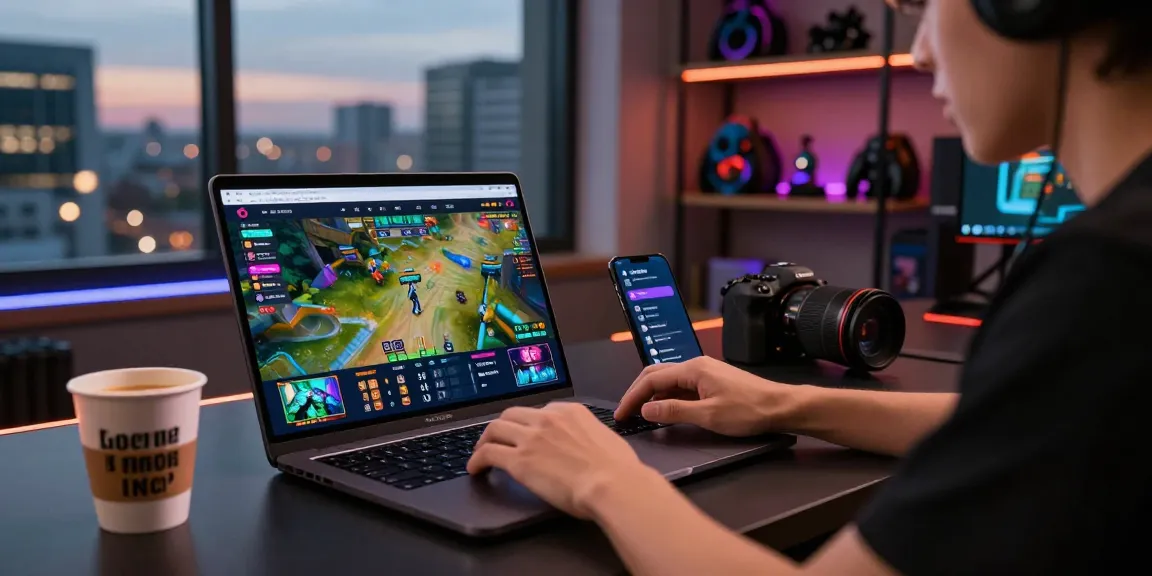Bola88 user engaged in online gaming with laptop and smartphone in a dynamic modern setting.