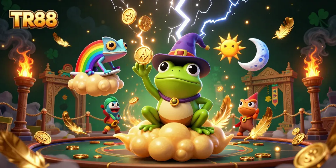 TR88 players engage in thrilling adventures as a weather wizard frog conjures golden coins amidst vibrant casino elements.