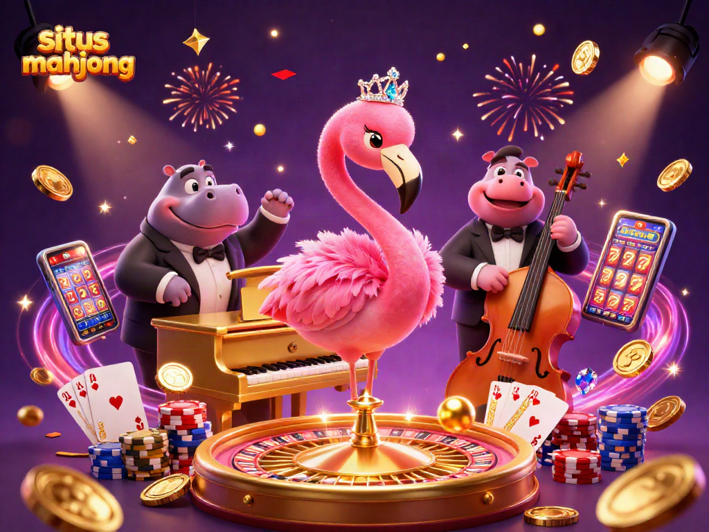 Experience situs mahjong with vibrant casino elements in a lively 3D illustration.