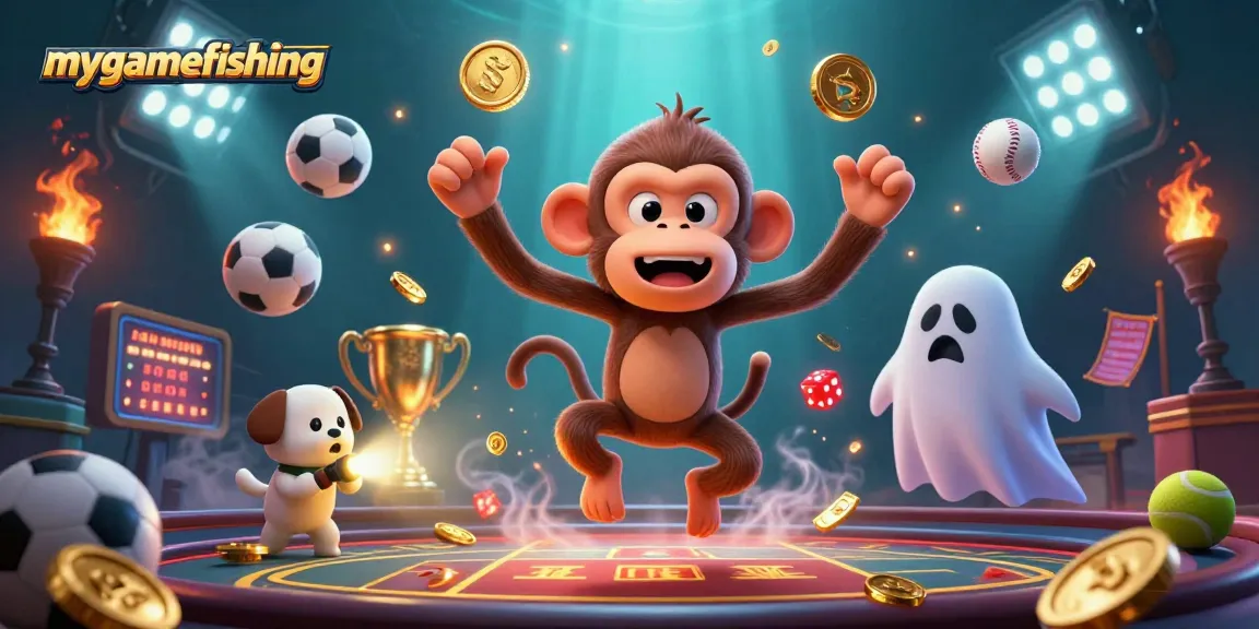 mygamefishing showcases a playful poltergeist monkey juggling golden casino elements in a haunted setting.