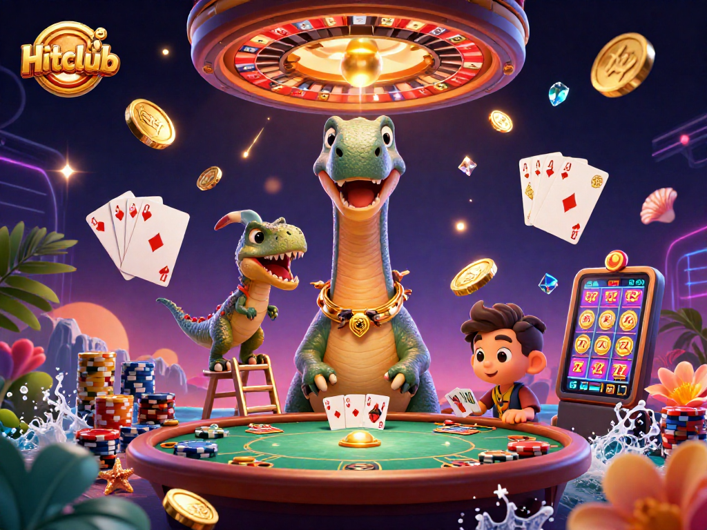 Hitclub casino adventure featuring a towering brontosaurus interacting with colorful poker elements.