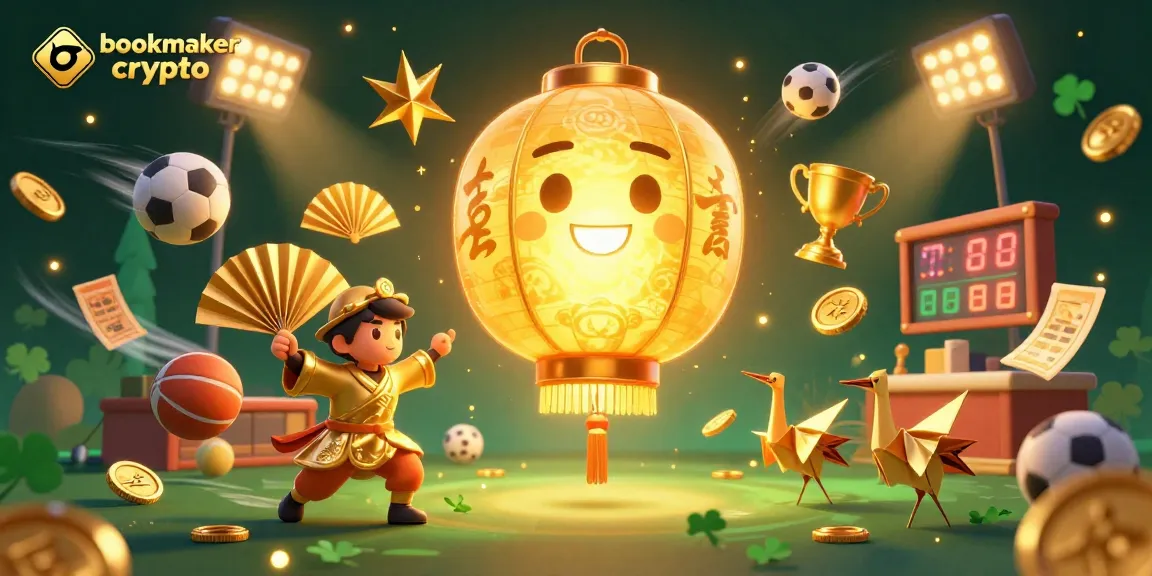 Placer des paris gagnants sur un bookmaker crypto avec des symboles de chance et des sports dynamiques.