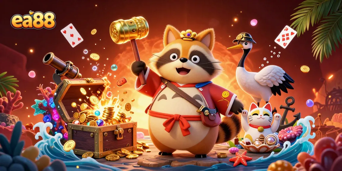 Join the excitement at ea88 as the cheerful tanuki embraces fortune with golden mallet amidst vibrant gaming treasures.