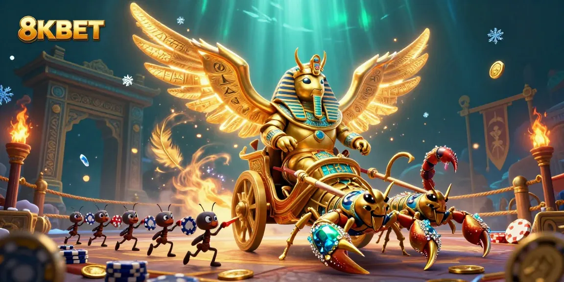 Engage with 8KBET's vibrant 3D casino scene featuring a golden scarab and scorpions.