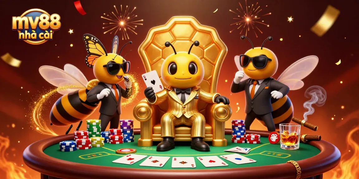 Engaging casino scene featuring a bumblebee mob boss and wasp bodyguards at mv88 nhà cái poker table.