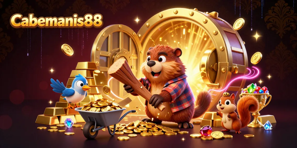 Cabemanis88 showcases a vibrant 3D scene with a beaver and friends collecting golden coins in a casino-themed illustration.