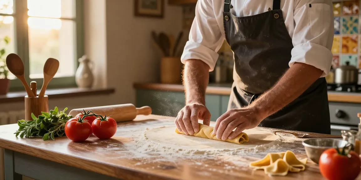 Delicious Italian pasta being crafted by a chef in a warm, rustic kitchen